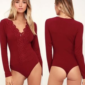 Lulu's Come Back To You Wine Red Long Sleeve Bodysuit